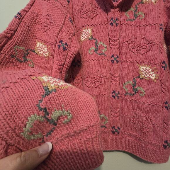 Vtg Lands End Floral Embroidered Sweater Women MED Pink Chunky Knit Cottage Boho - Picture 2 of 8
